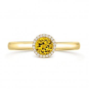 18ct Yellow gold Round Lemon Quartz & Diamond Halo Ring 
