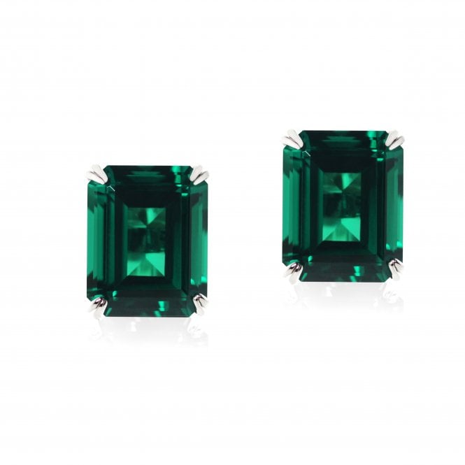 CARAT London Emerald Cut Green Solitaire Stud Earrings 9ct White Gold