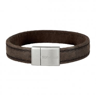 Mens Grey Stitched Detail Leather Bracelet Steel Clasp