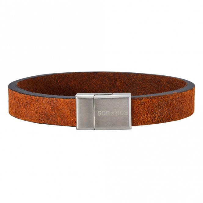 Son of Noa Mens Plain Brown Leather Bracelet with Steel Clasp
